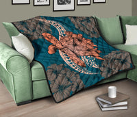 Hawaii Polynesian Turtle Hibiscus Premium Quilt - Orange - Polynesian Pride