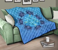 Hawaii Turtle Hibiscus Blue Premium Quilt - Polynesian Pride