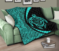 Hawaii Turtle Map Polynesian Premium Quilt - Turquoise - Circle Style - Polynesian Pride