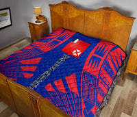 Wallis And Futuna Premium Quilt - Wallis And Futuna Coat Of Arms Polynesian Red Tattoo (Dark Blue) - Polynesian Pride
