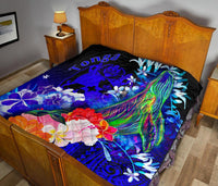 Tonga Premium Quilt - Humpback Whale with Tropical Flowers (Blue) - Polynesian Pride