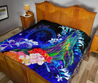 Custom Personalised Chuuk Premium Quilt - Humpback Whale with Tropical Flowers (Blue) - Polynesian Pride