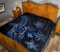 Kanaka Map Hibiscus Plumeria Turtle Art Blue Polynesian Premium Quilt - Polynesian Pride