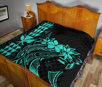 Hawaii Map Kanaka Polynesian Hula Girl Premium Quilt - Turquoise - Polynesian Pride