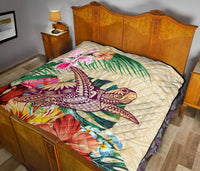 Hawaii Tropical Hibiscus Plumeria Turtle Beige Premium Quilt - Polynesian Pride