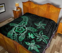 Kanaka Map Hibiscus Plumeria Turtle Art Turquoise Polynesian Premium Quilt - Polynesian Pride