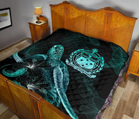 Samoa Polynesian Premium Quilt - Turtle With Blooming Hibiscus Turquoise - Polynesian Pride