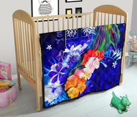 Fiji Custom Personalised Premium Quilt - Humpback Whale with Tropical Flowers (Blue) - Polynesian Pride