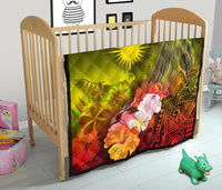 Marshall Islands Premium Quilt - Humpback Whale with Tropical Flowers (Yellow) - Polynesian Pride