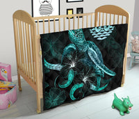 Tahiti Polynesian Premium Quilt - Turtle With Blooming Hibiscus Turquoise - Polynesian Pride