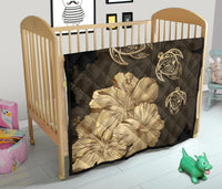 Hawaiian Map Turtle Hibiscus Vintage Polynesian Premium Quilt Gold - Polynesian Pride