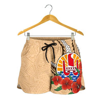 Tahiti Polynesian Women Shorts - Hibiscus Coat of Arm Beige - Polynesian Pride