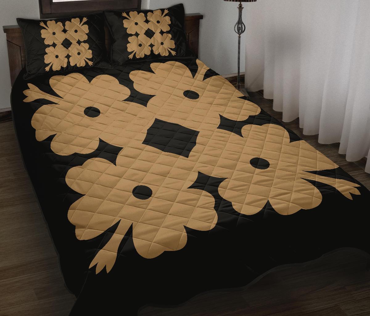Hawaiian Quilt Bed Set Royal Pattern - Black and Gold - O3 Style Gold - Polynesian Pride