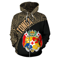 Tonga Zip up Hoodie Tonga Coat of Arms Polynesian Tattoo Gold - Polynesian Pride
