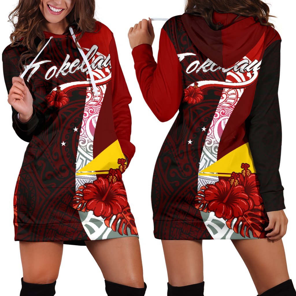 Tokelau Polynesian Hoodie Dress - Coat Of Arm With Hibiscus Red - Polynesian Pride