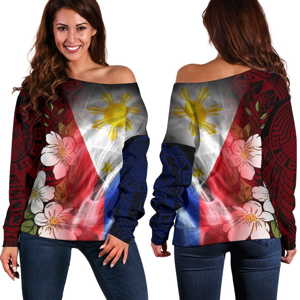 The Philippines Off Shoulder Sweater - Filipino Flag with Islander Patterns Black - Polynesian Pride