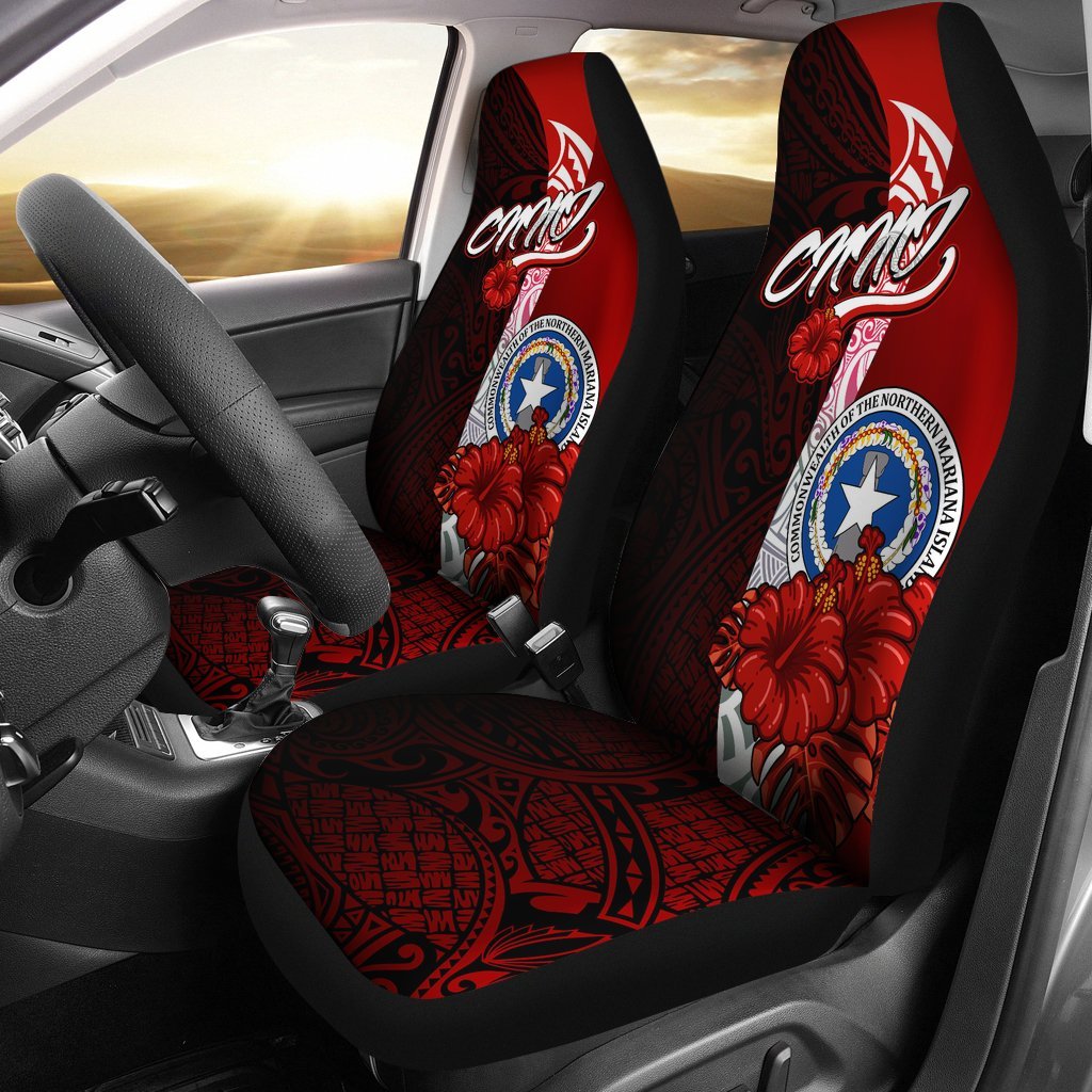 Northern Mariana Islands Polynesian Car Seat Covers - Coat Of Arm With Hibiscus Universal Fit Red - Polynesian Pride