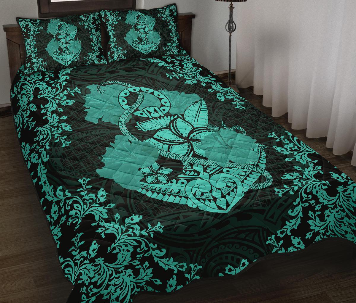 Hawaii Anchor Hibiscus Flower Vintage Quilt Bed Set - AH - Turquoise Turquoise - Polynesian Pride