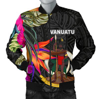 Vanuatu Men's Bomber Jacket - Hibiscus Polynesian Pattern Black - Polynesian Pride