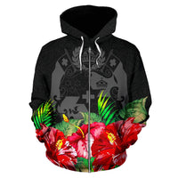 Tonga Polynesian Zip Hoodie Black Hibiscus - Polynesian Pride