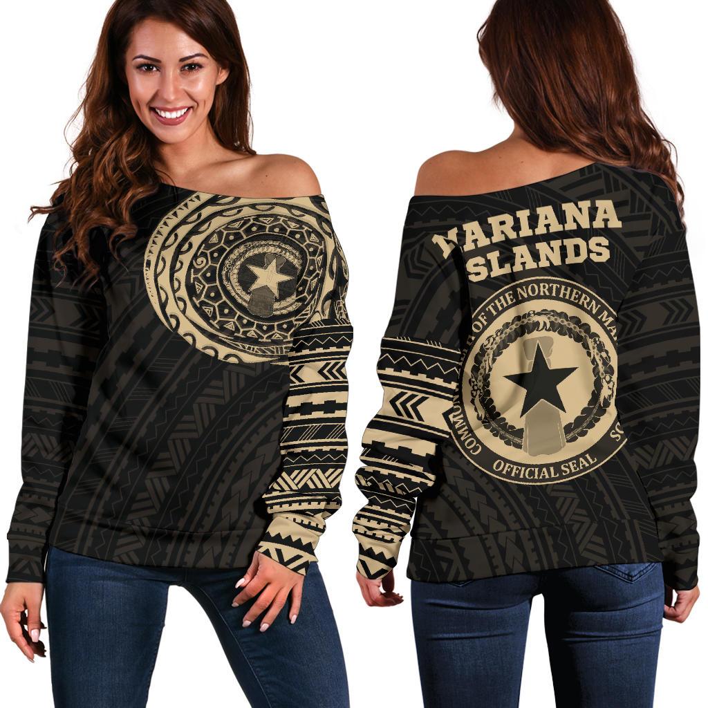 Northern Mariana Islands in My Heart Micronesia Tattoo Style Off Shoulder Sweater A7 Black - Polynesian Pride