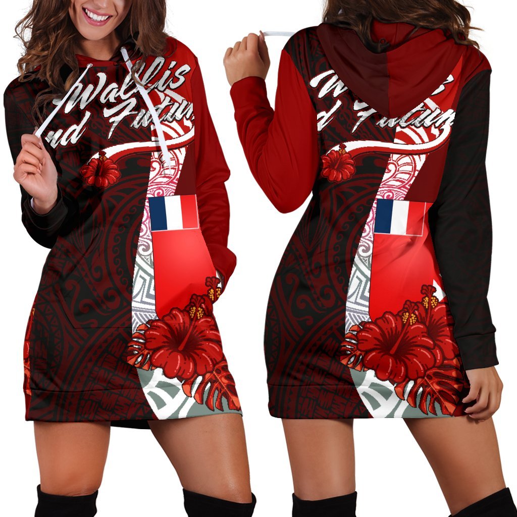 Wallis and Futuna Polynesian Hoodie Dress - Coat Of Arm With Hibiscus Red - Polynesian Pride