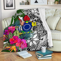 Cook Islands Custom Personalised Premium Blanket White - Turtle Plumeria Banana Leaf - Polynesian Pride