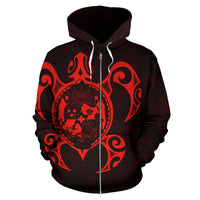 Tonga Polynesian Zip up Hoodie Tonga Coat of Arms In Turtle Map Red - Polynesian Pride