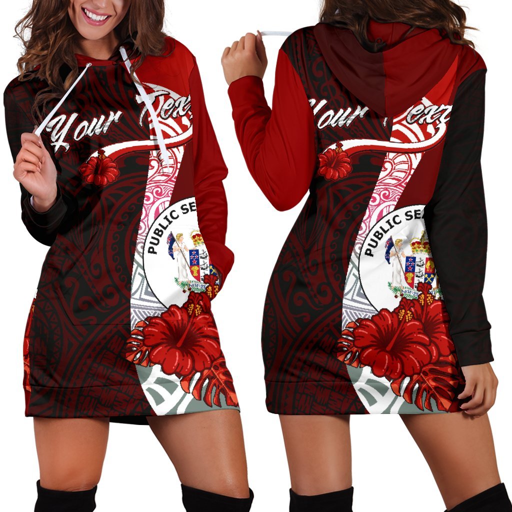 Niue Polynesian Custom Personalised Hoodie Dress - Coat Of Arm With Hibiscus Red - Polynesian Pride