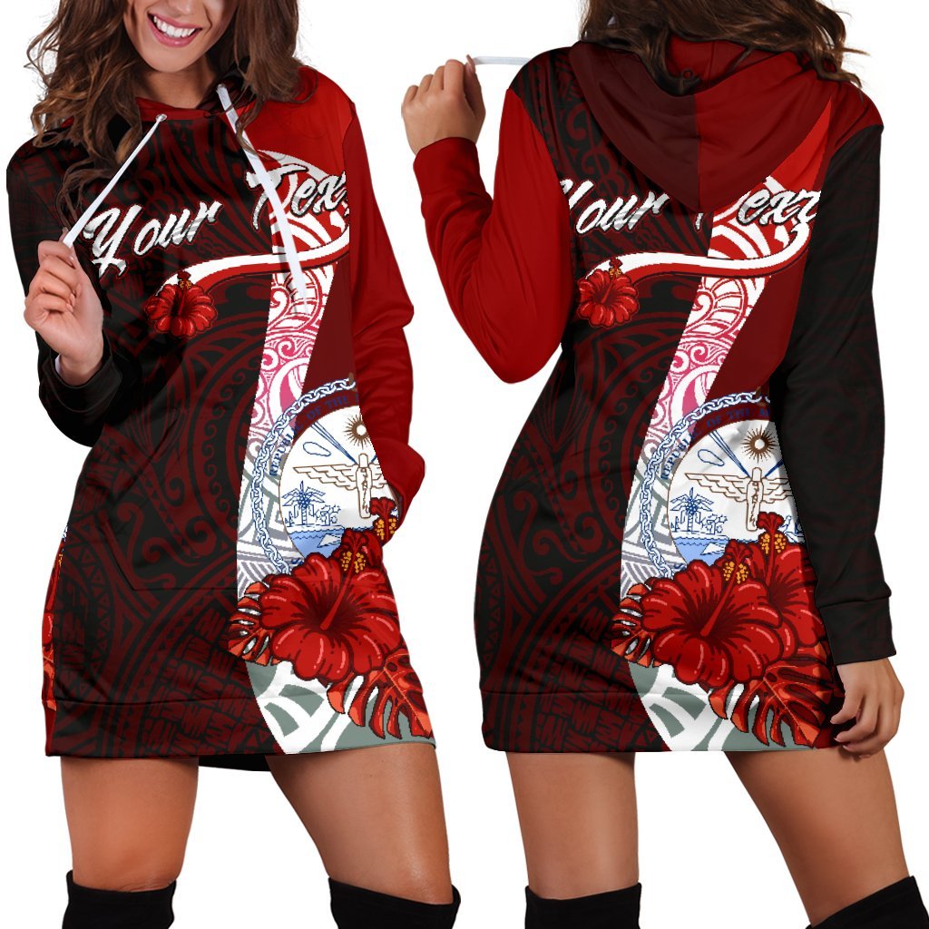 Marshall Islands Polynesian Custom Personalised Hoodie Dress - Coat Of Arm With Hibiscus Red - Polynesian Pride
