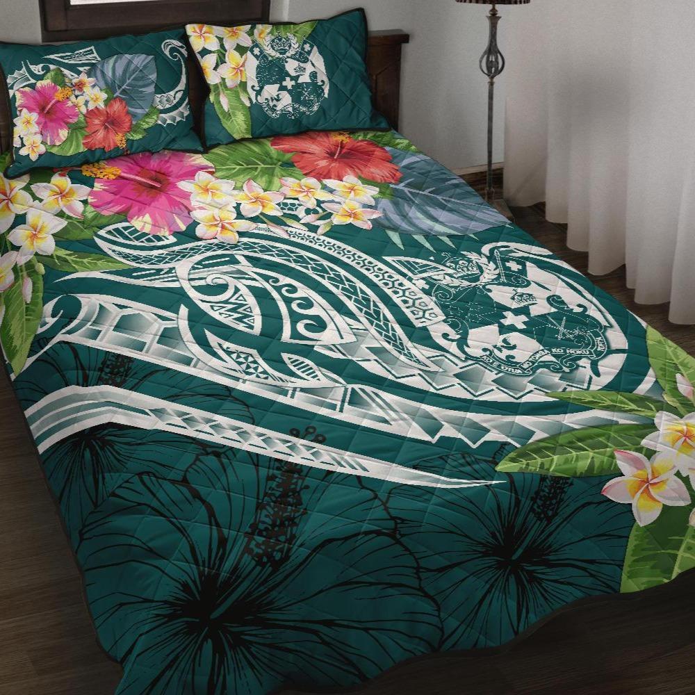 Tonga Polynesian Quilt Bed Set - Summer Plumeria (Turquoise) Turquoise - Polynesian Pride