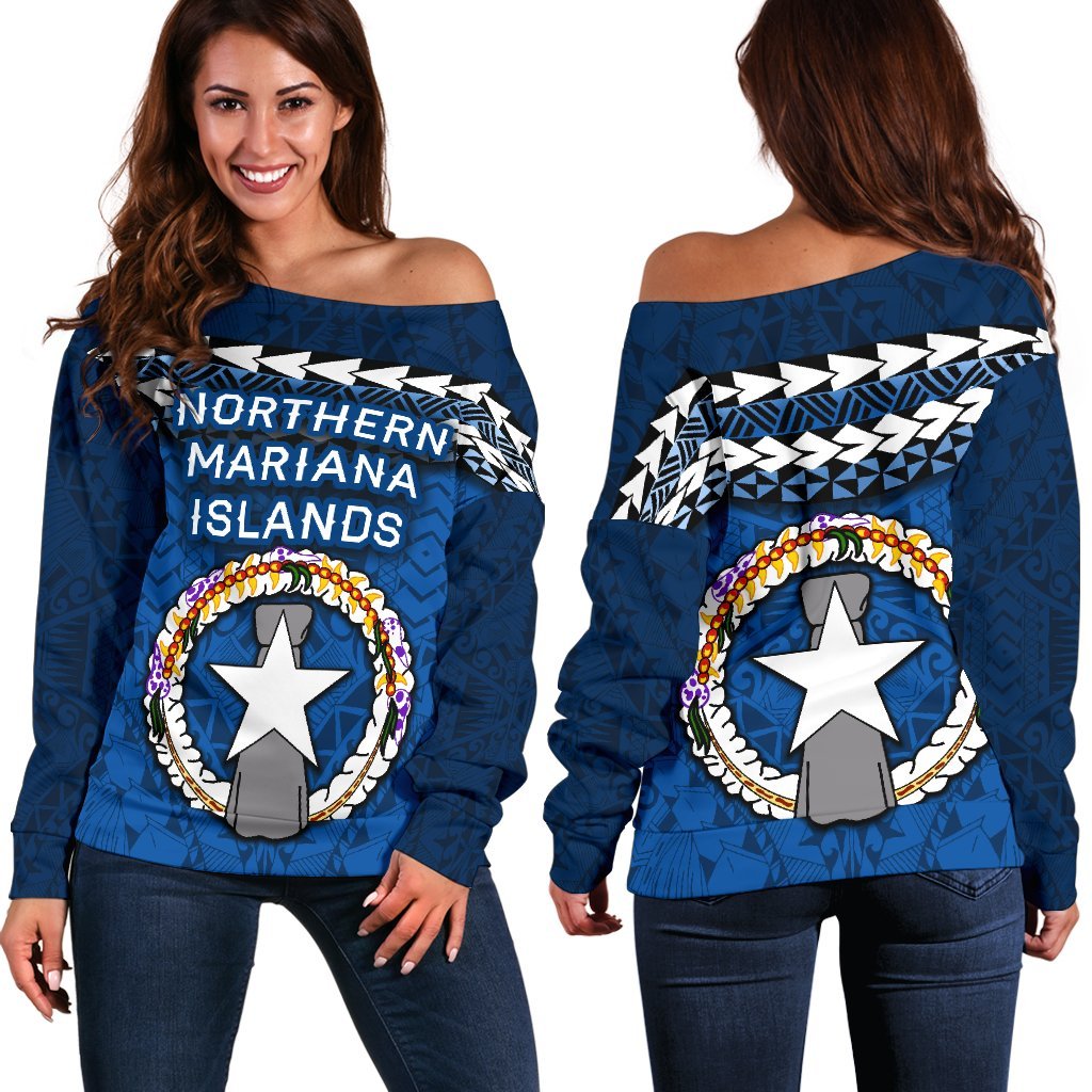 Northern Mariana Islands Polynesian Women Off Shoulder Sweater - Vibes Version Blue - Polynesian Pride