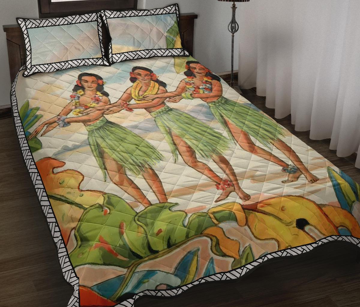 Aloha Nui Loa From Hawaii Hula Girls Quilt Bed Set Black - Polynesian Pride