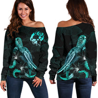 Tonga Polynesian Women's Off Shoulder Sweater - Turtle With Blooming Hibiscus Turquoise Turquoise - Polynesian Pride