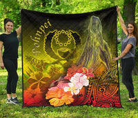 Pohnpei Premium Quilt - Humpback Whale with Tropical Flowers (Yellow) Yellow - Polynesian Pride