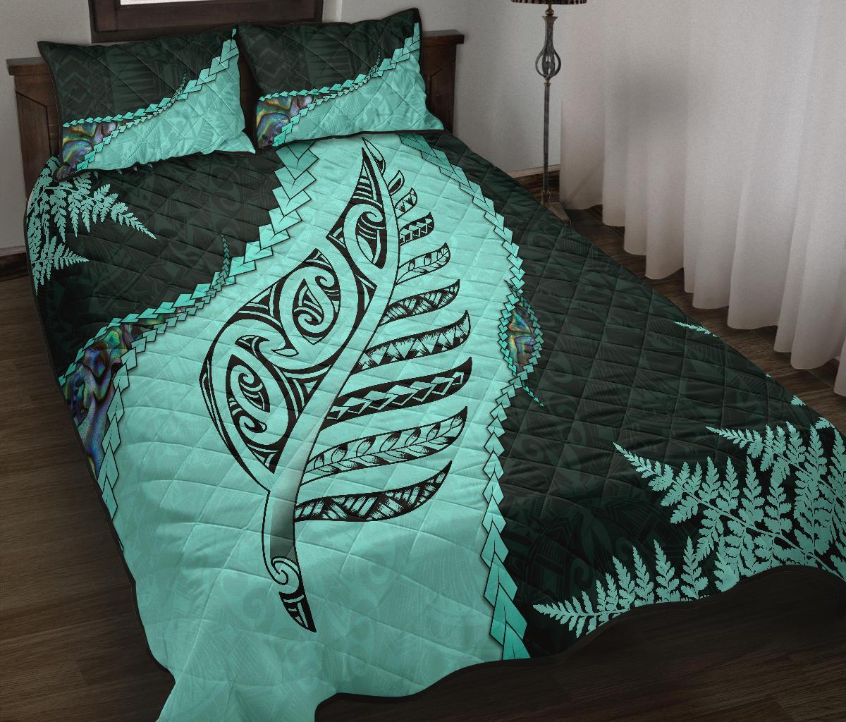 Paua Shell Maori Silver Fern Quilt Bed Set, Turquoise Turquoise - Polynesian Pride