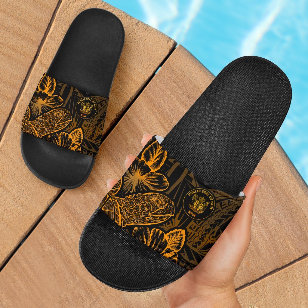 Niue Slide Sandals - Turtle Hibiscus Pattern Gold Black - Polynesian Pride