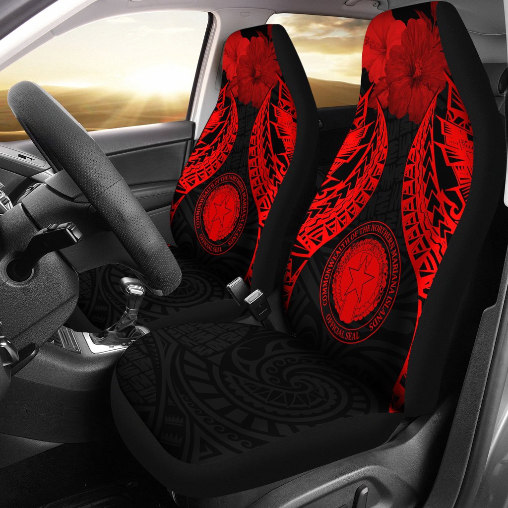 Northern Mariana Islands Polynesian Car Seat Covers Pride Seal And Hibiscus Red Universal Fit Red - Polynesian Pride