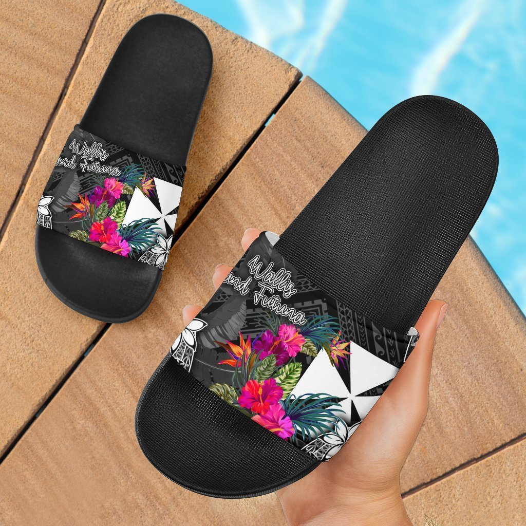 Wallis and Futuna Slide Sandals - Turtle Floral Black - Polynesian Pride