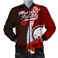 Marshall Islands Polynesian Men's Bomber Jacket - Coat Of Arm With Hibiscus Red - Polynesian Pride