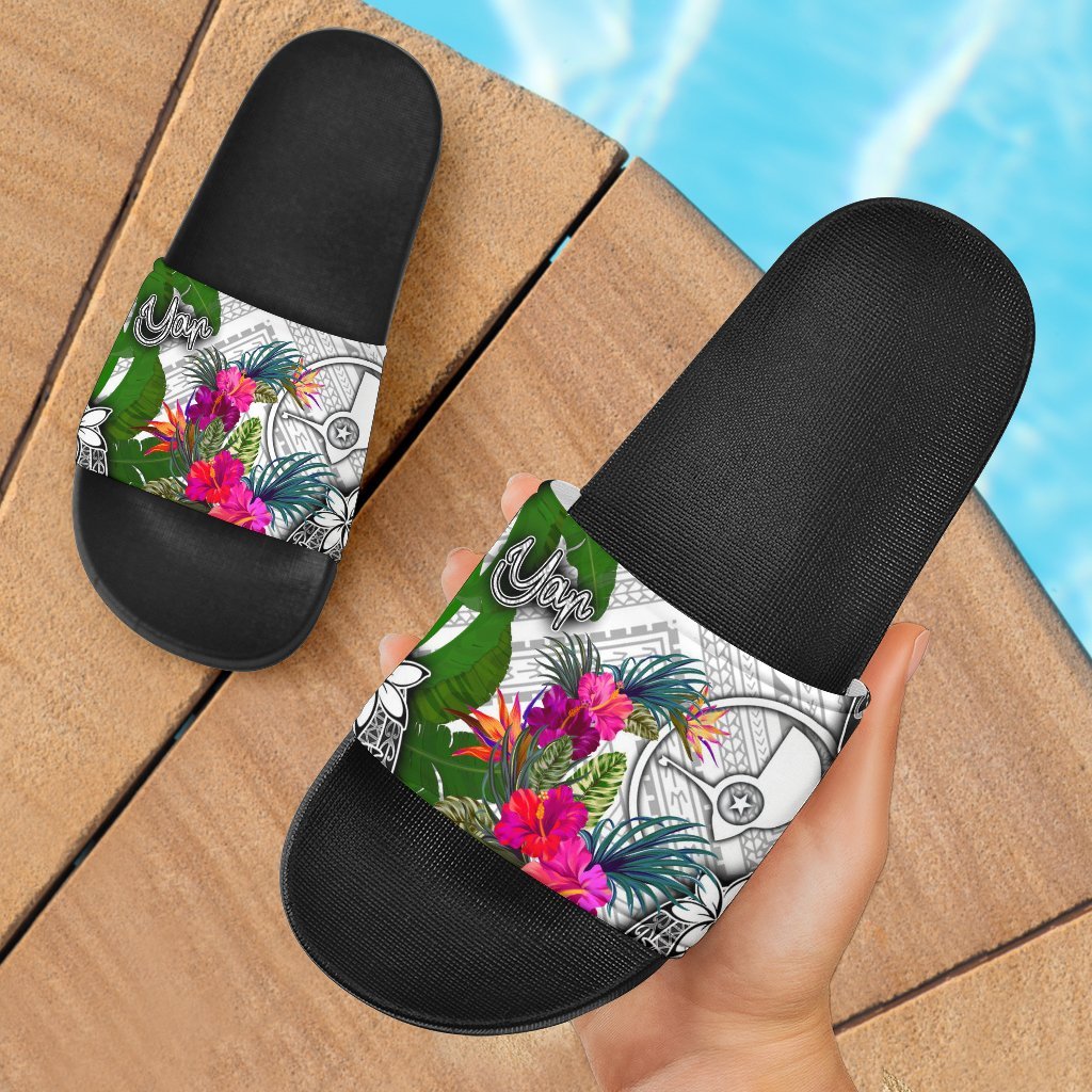 Yap Slide Sandals - Turtle Plumeria Banana Leaf Black - Polynesian Pride