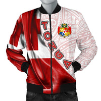Tonga Polynesian Men's Bomber Jacket - Waving Silky Flag - Polynesian Pride