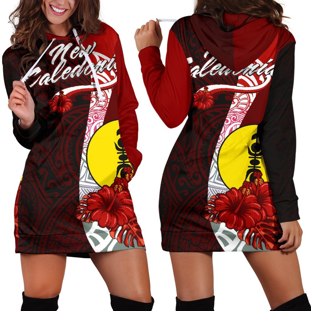New Caledonia Polynesian Hoodie Dress - Coat Of Arm With Hibiscus Red - Polynesian Pride