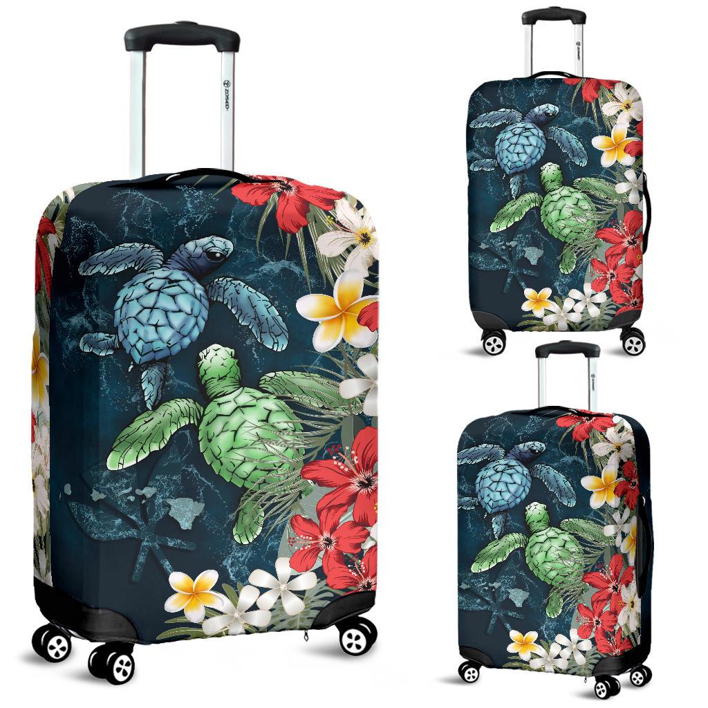 Kanaka Maoli (Hawaiian) Luggage Covers - Sea Turtle Tropical Hibiscus And Plumeria Blue - Polynesian Pride