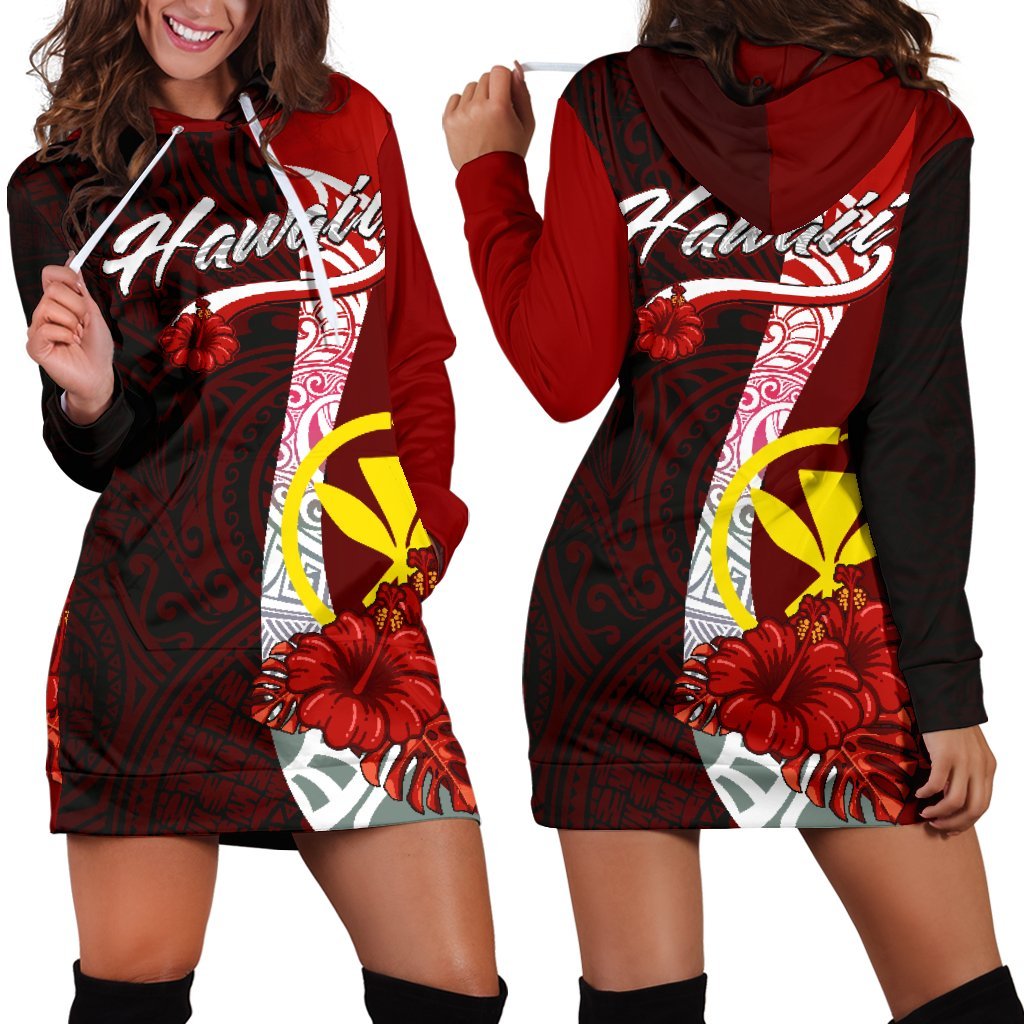 Hawaii Polynesian Hoodie Dress - Coat Of Arm With Hibiscus Red - Polynesian Pride
