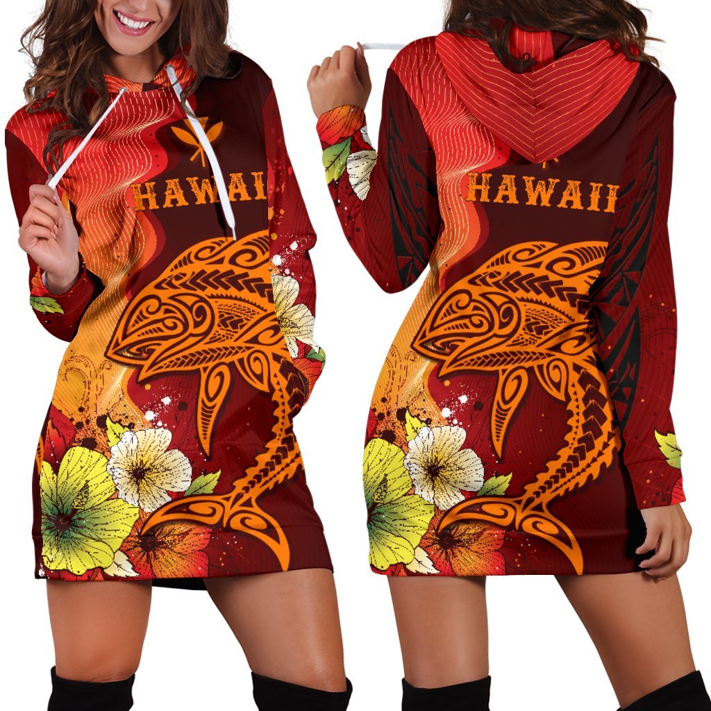 Hawaii Hoodie Dress - Tribal Tuna Fish Orange - Polynesian Pride