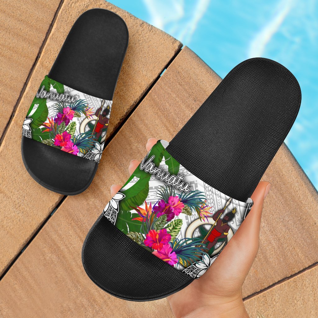 Vanuatu Slide Sandals - Turtle Plumeria Banana Leaf Black - Polynesian Pride