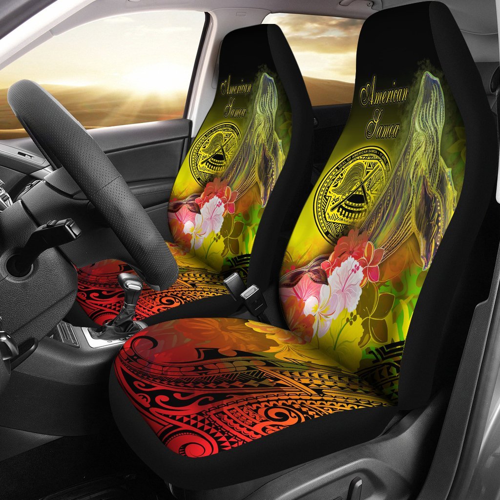 American Samoa Polynesian Car Seat Covers - Humpback Whale with Tropical Flowers Universal Fit Yellow - Polynesian Pride