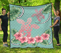 Hawaii Tropical Hibiscus Turtle Mint Style - Premium Quilt AH Turquoise - Polynesian Pride