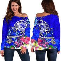 FSM Women's Off Shoulder Sweater - Turtle Plumeria (Blue) Blue - Polynesian Pride